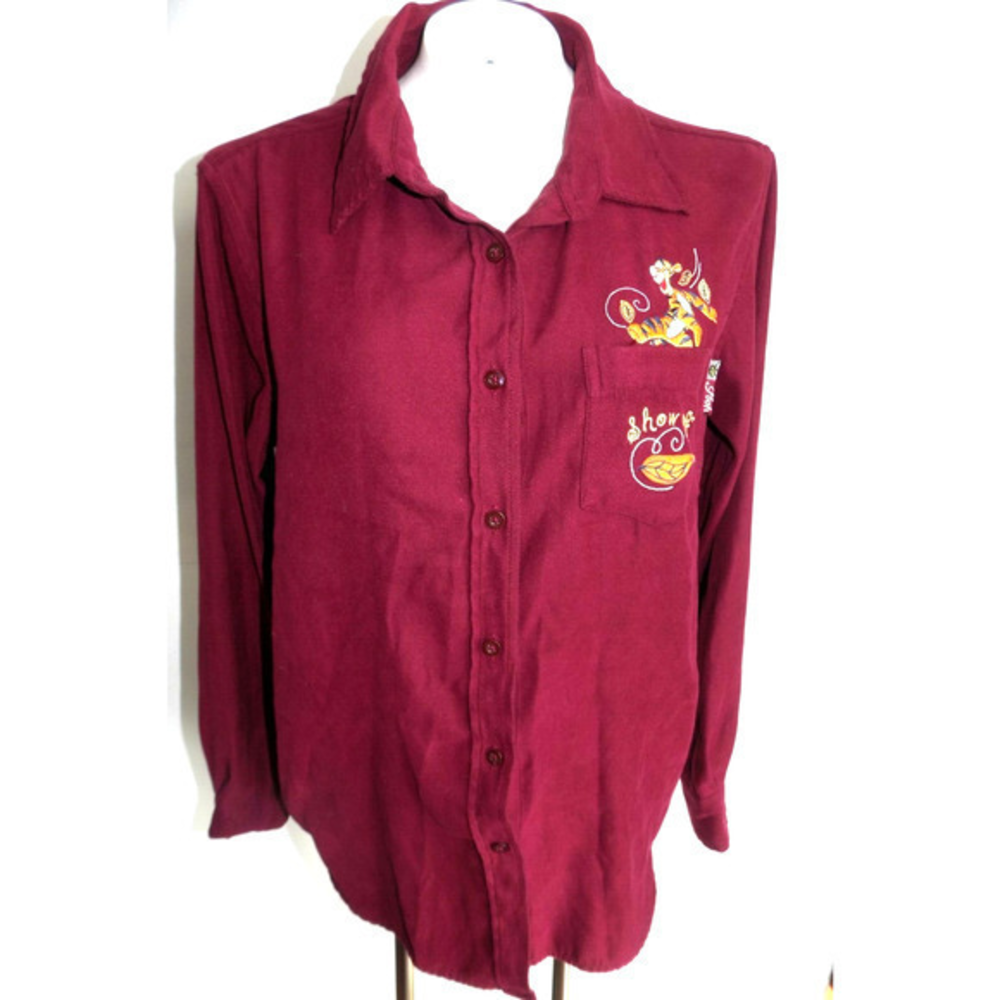 Disney Store Tigger Embroidered Button Down Shirt Burgundy Large Women
